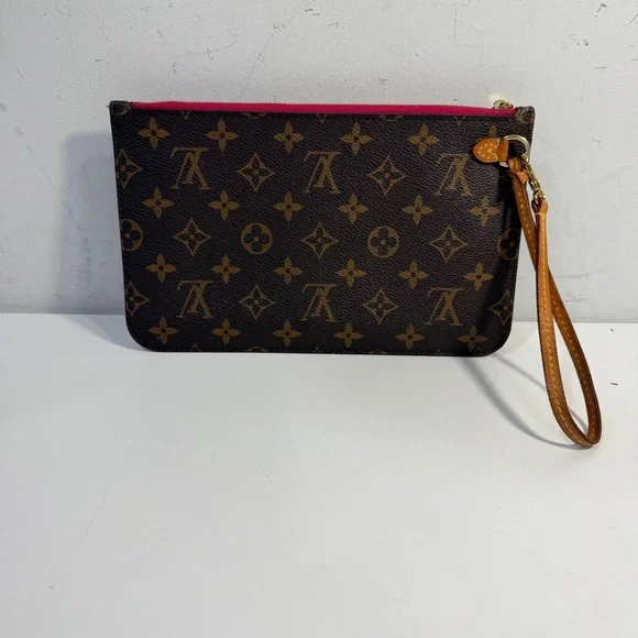 Louis Vuitton Neverfull Monogram Pochette Wristlet Pouch Clutch Red Pink Lining - Picture 1 of 12